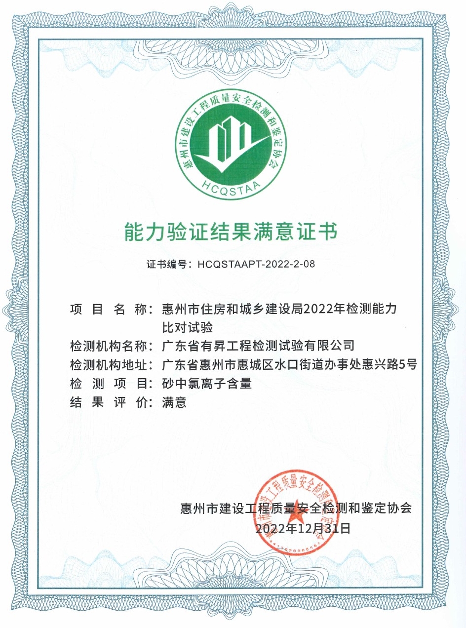 能力验证满意证书(砂)